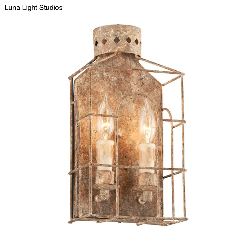 Rustic Metal Wall Mounted Light Fixture With Country Candle Sconce 2-Bulb Cage Design For Indoor