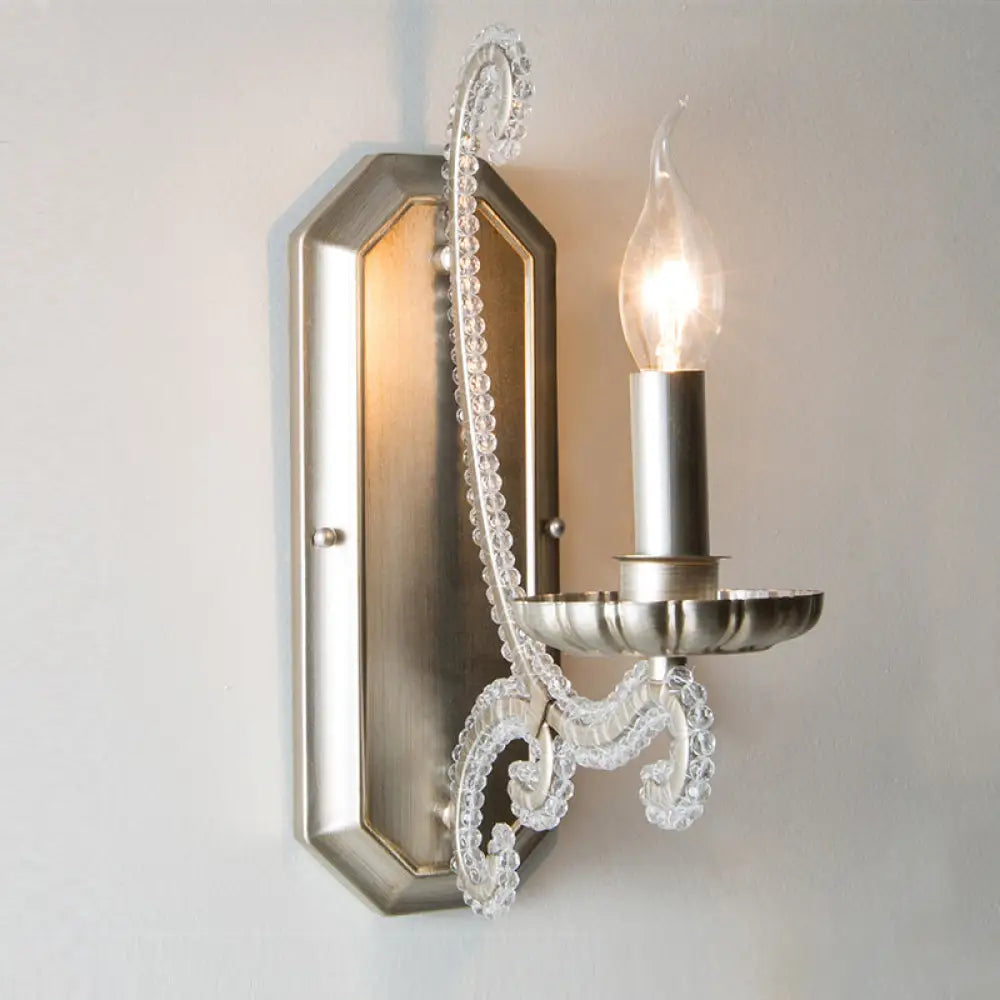 Rustic Metal Wall Mounted Sconce With Crystal Bead Accent - Bedside Candle Light Fixture 1 / Silver