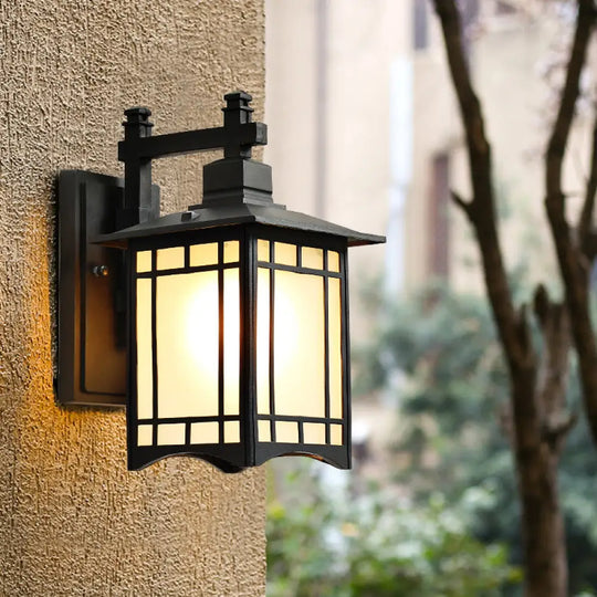 Rustic Metal Wall Sconce Light - Rectangular Outdoor 1-Light Black Finish / 7