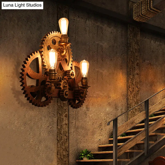 Rustic Metal Wall Sconce Lighting - 3 Bulbs Gear Light Fixture For Coffee Shop