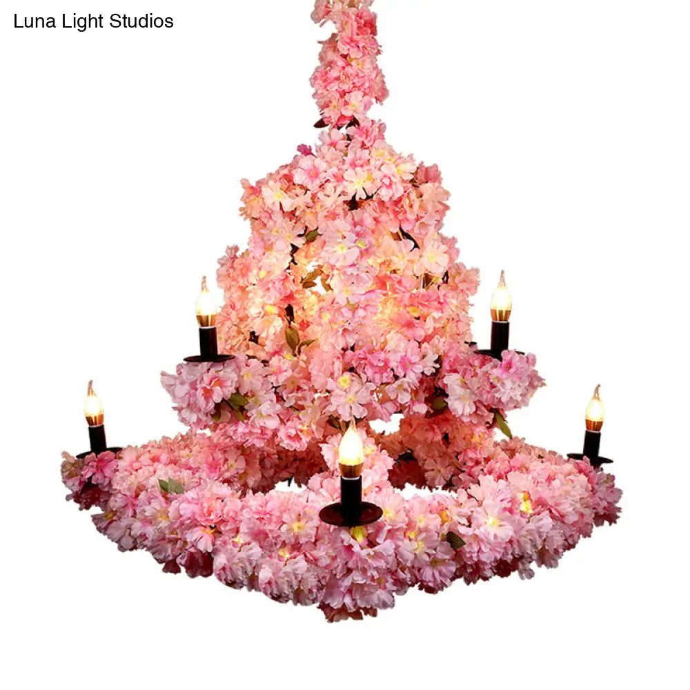 Rustic Metallic Chandelier Light With 9 Bulbs Cherry Blossom Pink Decor