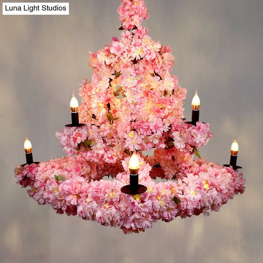 Rustic Candlestick Chandelier With 9 Bulbs Pink Cherry Blossom Decor