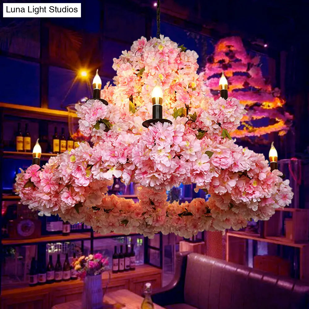 Rustic Candlestick Chandelier With 9 Bulbs Pink Cherry Blossom Decor