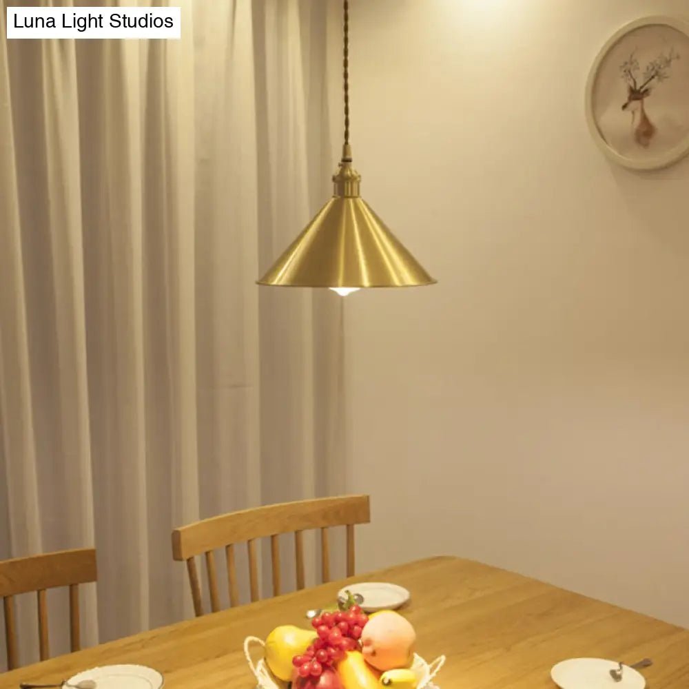 Rustic Metallic Cone Pendant Lamp With Brass Finish - Down Lighting 1 Bulb