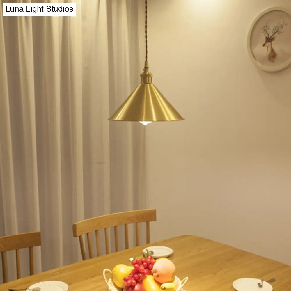 Rustic Metallic Cone Pendant Lamp - Brass Finish Down Lighting (1 Bulb) For Dining Room