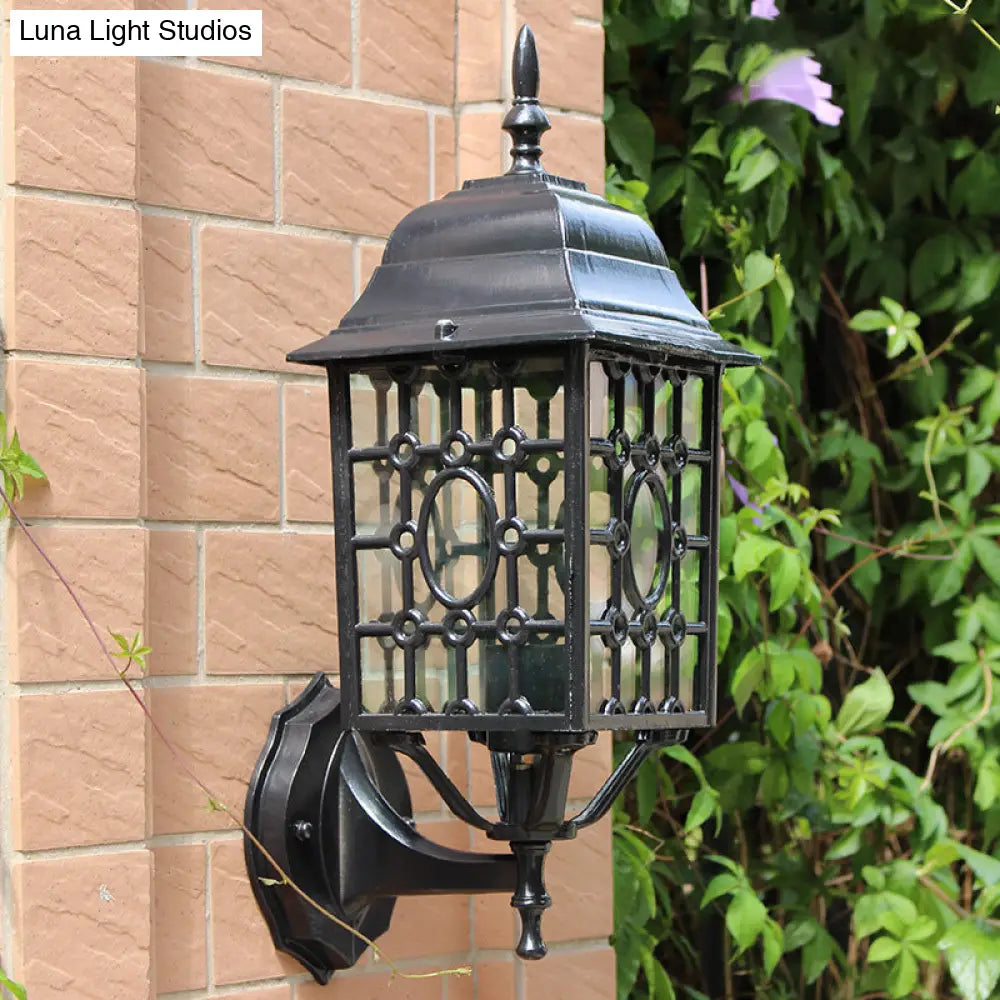 Rustic Metallic Grid Wall Sconce Lamp With Clear Glass Shade - 1 Bulb Courtyard Lighting