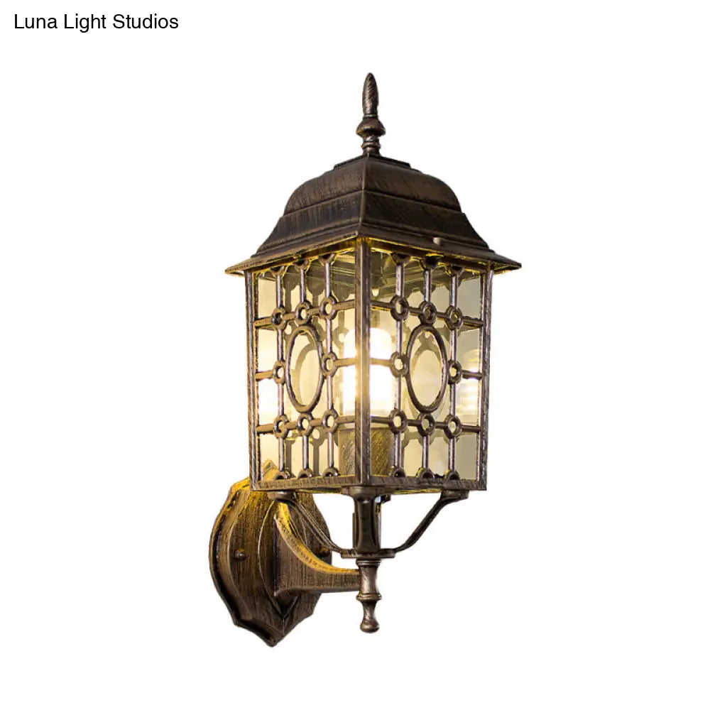 Rustic Metallic Grid Wall Sconce Lamp With Clear Glass Shade - 1 Bulb Courtyard Lighting