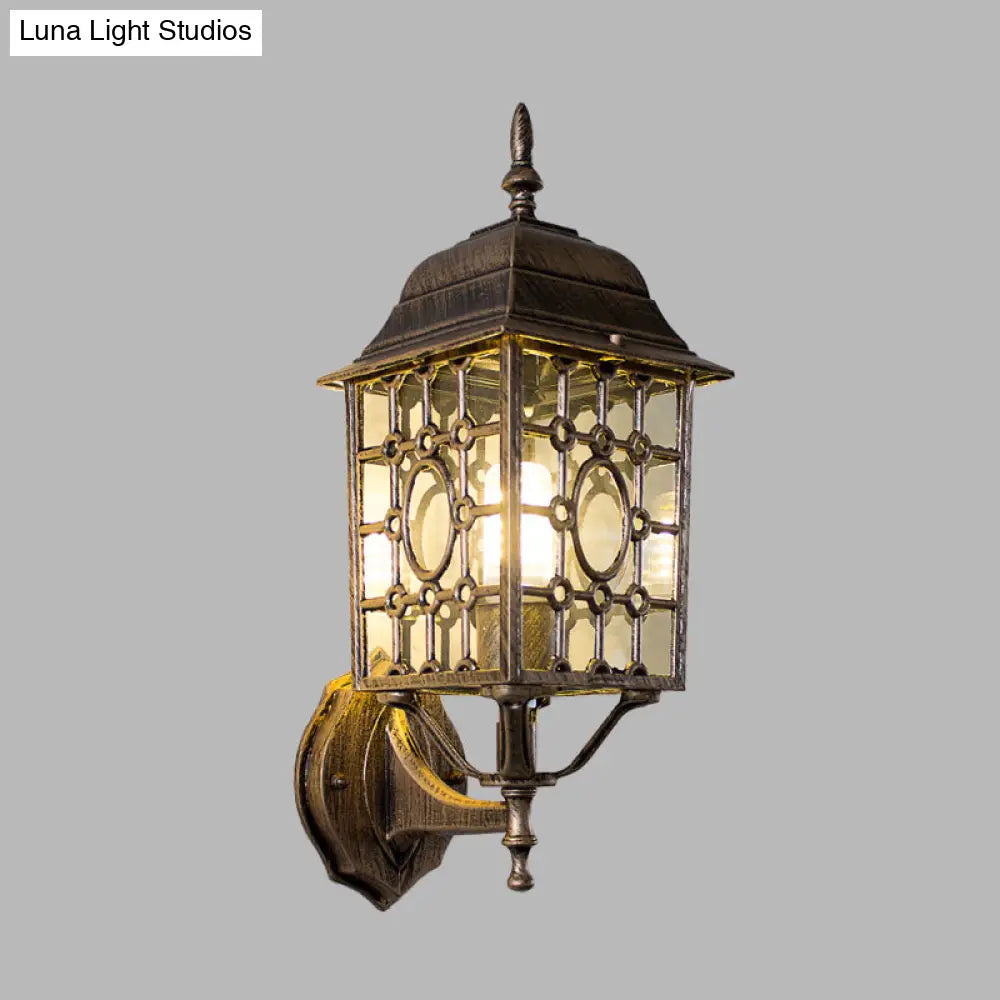 Rustic Metallic Grid Wall Sconce Lamp With Clear Glass Shade - 1 Bulb Courtyard Lighting