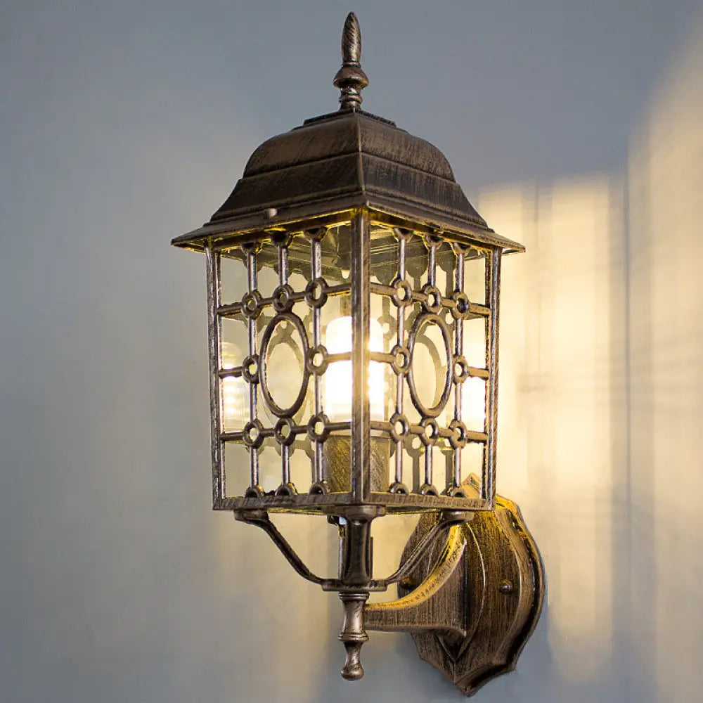 Rustic Metallic Grid Wall Sconce Lamp With Clear Glass Shade - 1 Bulb Courtyard Lighting Rust