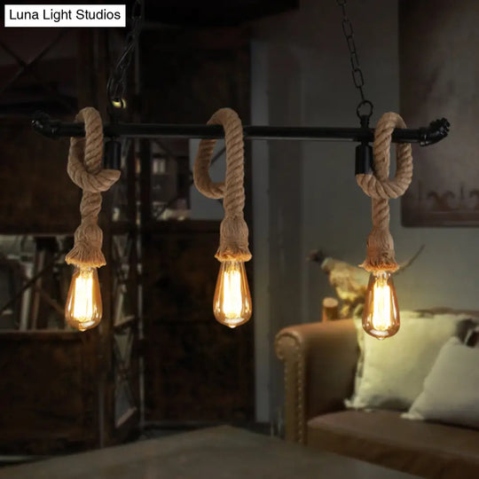 Rustic Metallic Water Pipe Hanging Lamp With Hemp Rope - Black Restaurant Chandelier