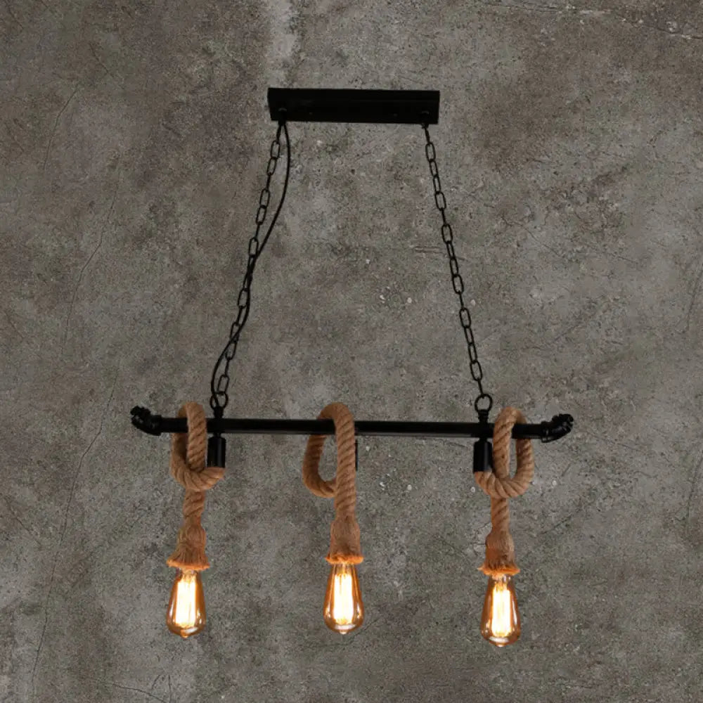 Rustic Metallic Water Pipe Hanging Lamp With Hemp Rope - Black Restaurant Chandelier 3 /