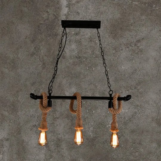 Rustic Metallic Water Pipe Hanging Lamp With Hemp Rope - Black Restaurant Chandelier 3 /