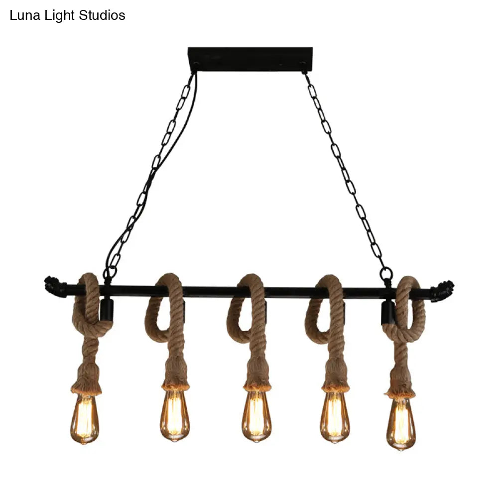 Rustic Metallic Water Pipe Hanging Lamp With Hemp Rope - Black Restaurant Chandelier