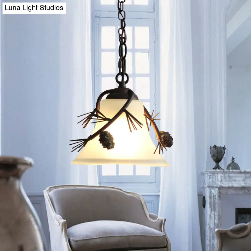 Rustic Milk Glass Bell Pendant Light - Bronze With Pine Decoration