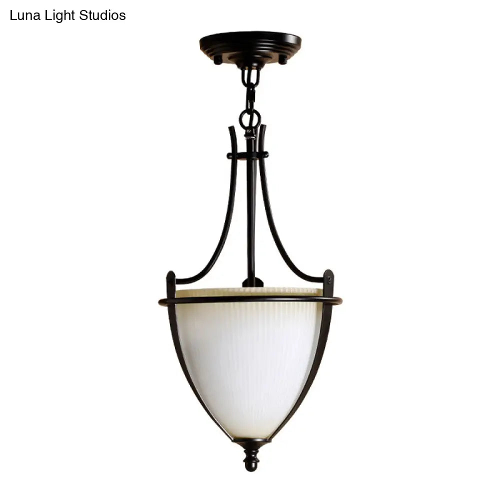 Rustic Milk Glass Bowl Pendant Light With Prismatic Design | Black Foyer Hanging Ceiling Lamp