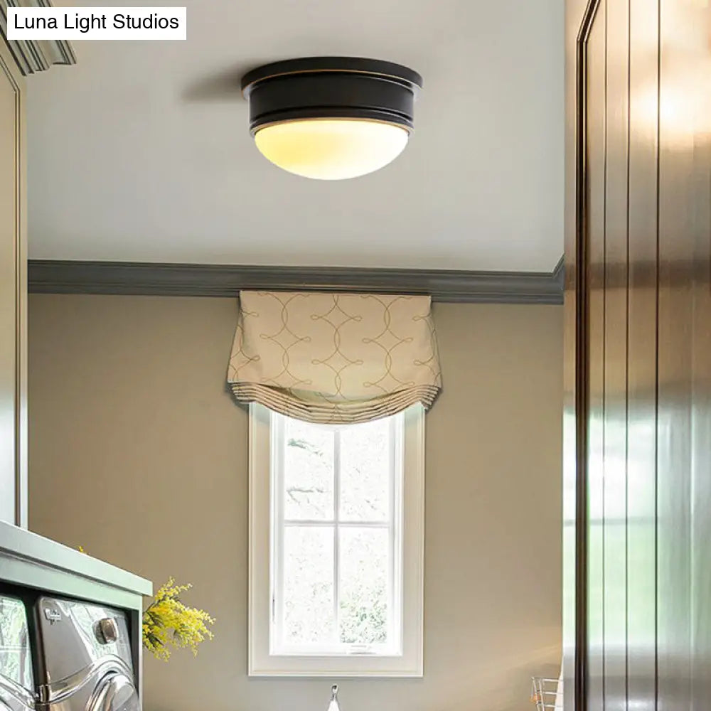 Rustic Milk Glass Flush Mount Lamp With Triple Heads - Ceiling Mounted Light And Black Metal Canopy