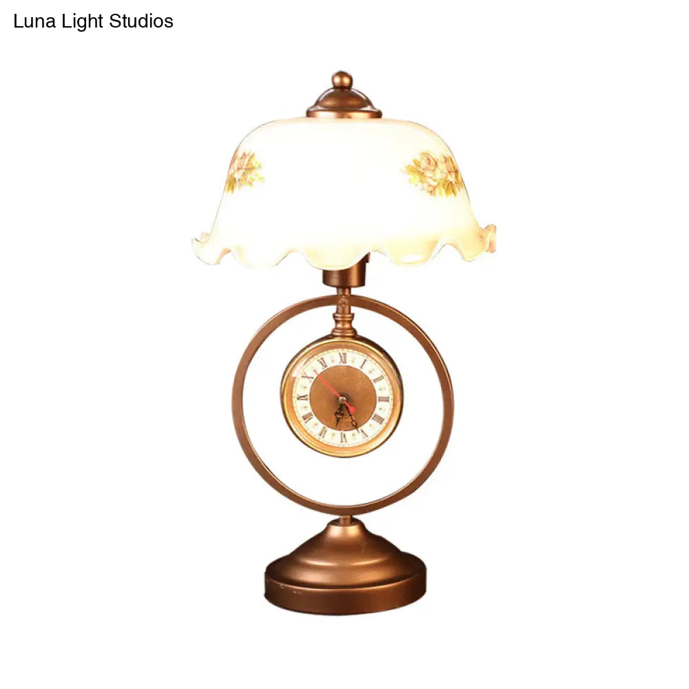 Rustic Milk Glass Table Lamp With Roman Clock Accent - Countryside Ruffle Bowl Design In Red Brown