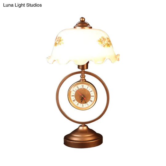 Rustic Milk Glass Table Lamp With Roman Clock Accent - Countryside Ruffle Bowl Design In Red Brown