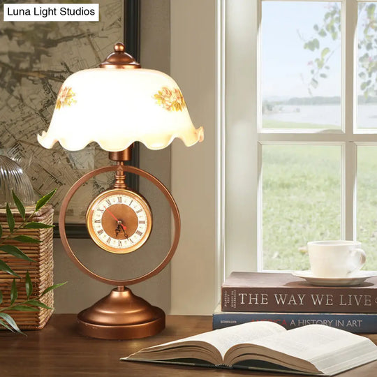 Rustic Milk Glass Table Lamp With Roman Clock Accent - Countryside Ruffle Bowl Design In Red Brown