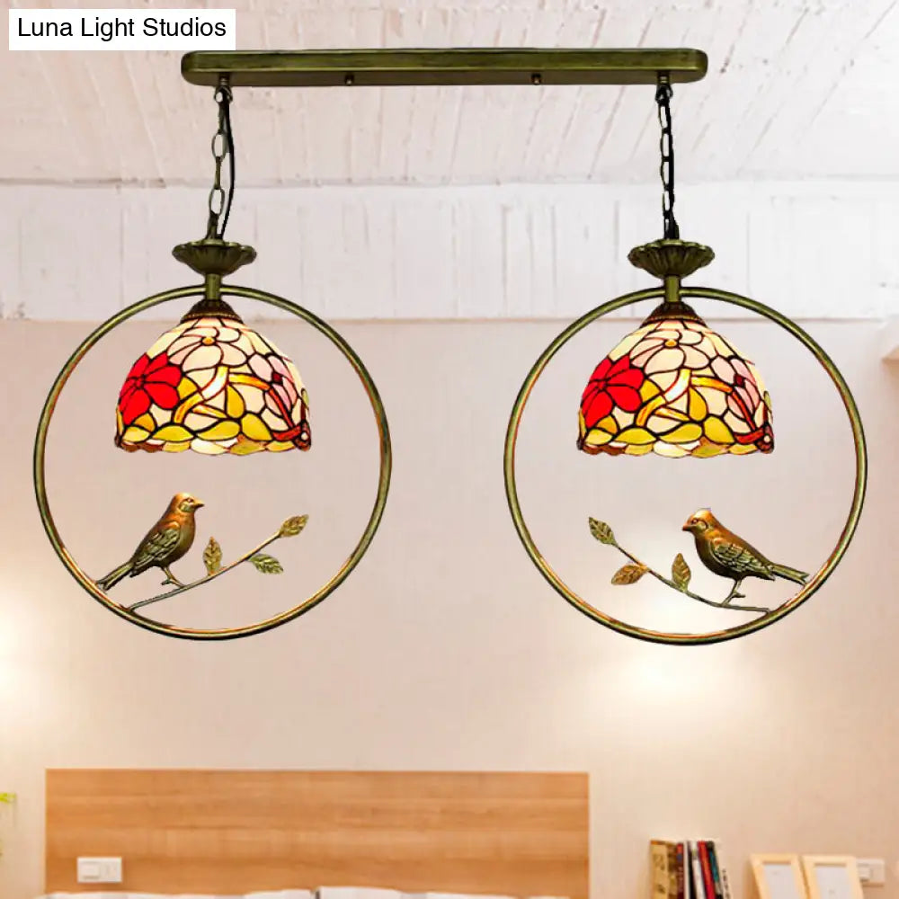 Rustic Multi-Colored Hanging Light With Little Bird Blossom - 2-Light Tiffany Glass Pendant Hotel