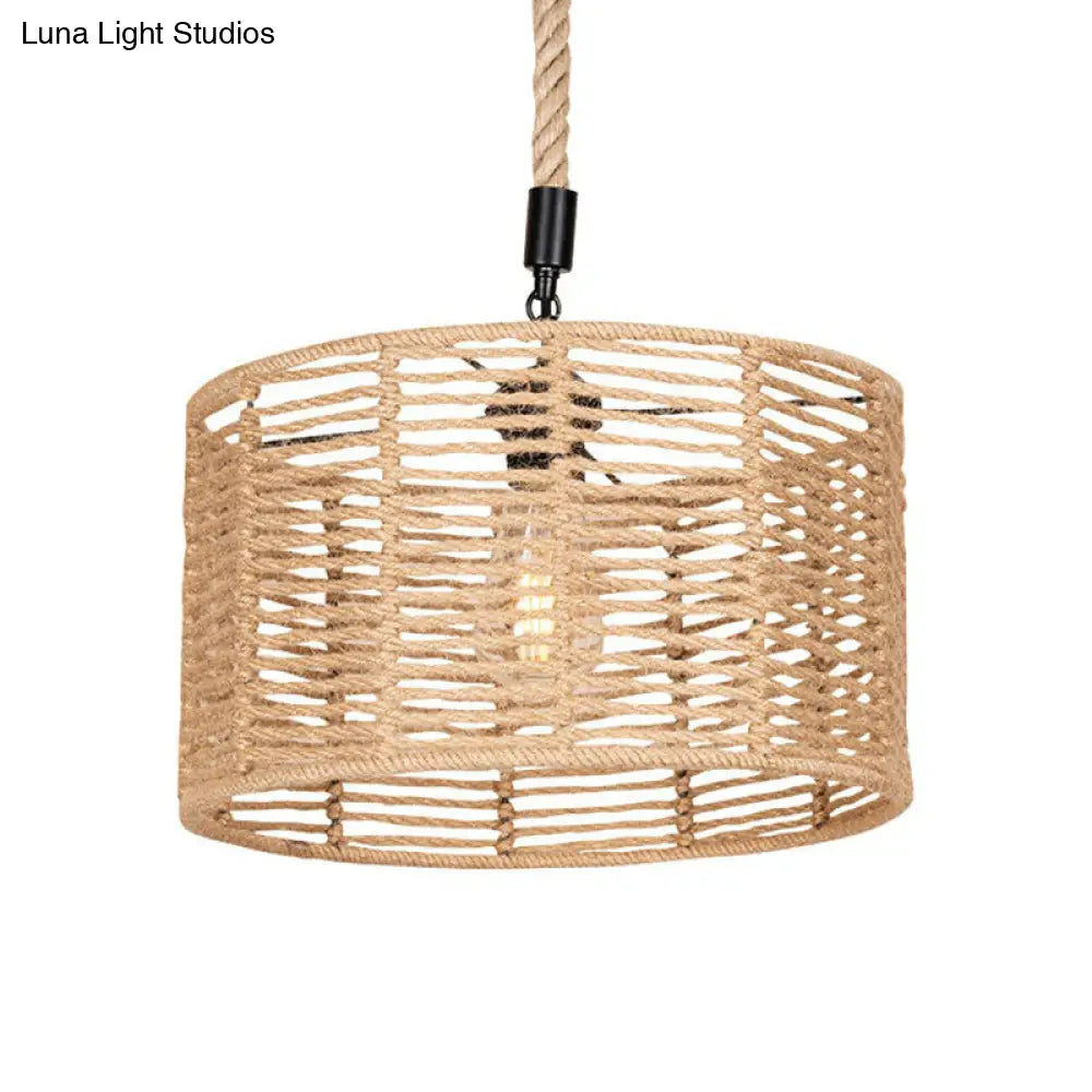 Rustic Natural Rope Drum Pendant Ceiling Lamp With 1 Bulb - Brown Finish | Perfect For Restaurants