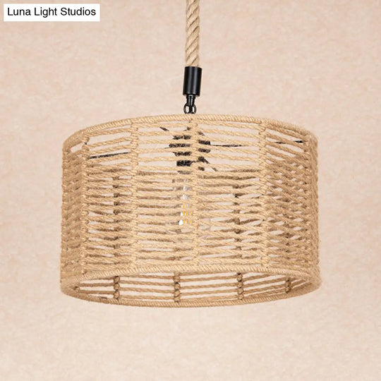 Rustic Natural Rope Drum Pendant Ceiling Lamp With 1 Bulb - Brown Finish | Perfect For Restaurants