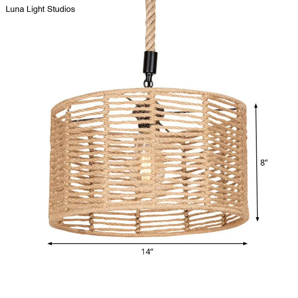 Rustic Natural Rope Pendant Lighting - 1 Bulb Brown Ceiling Lamp For Restaurants