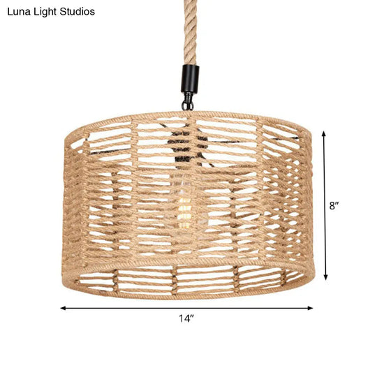 Rustic Natural Rope Pendant Lighting - 1 Bulb Brown Ceiling Lamp For Restaurants