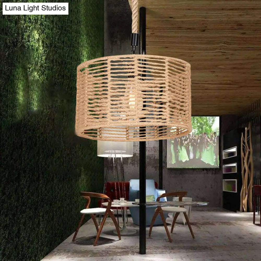 Rustic Natural Rope Pendant Lighting - 1 Bulb Brown Ceiling Lamp For Restaurants