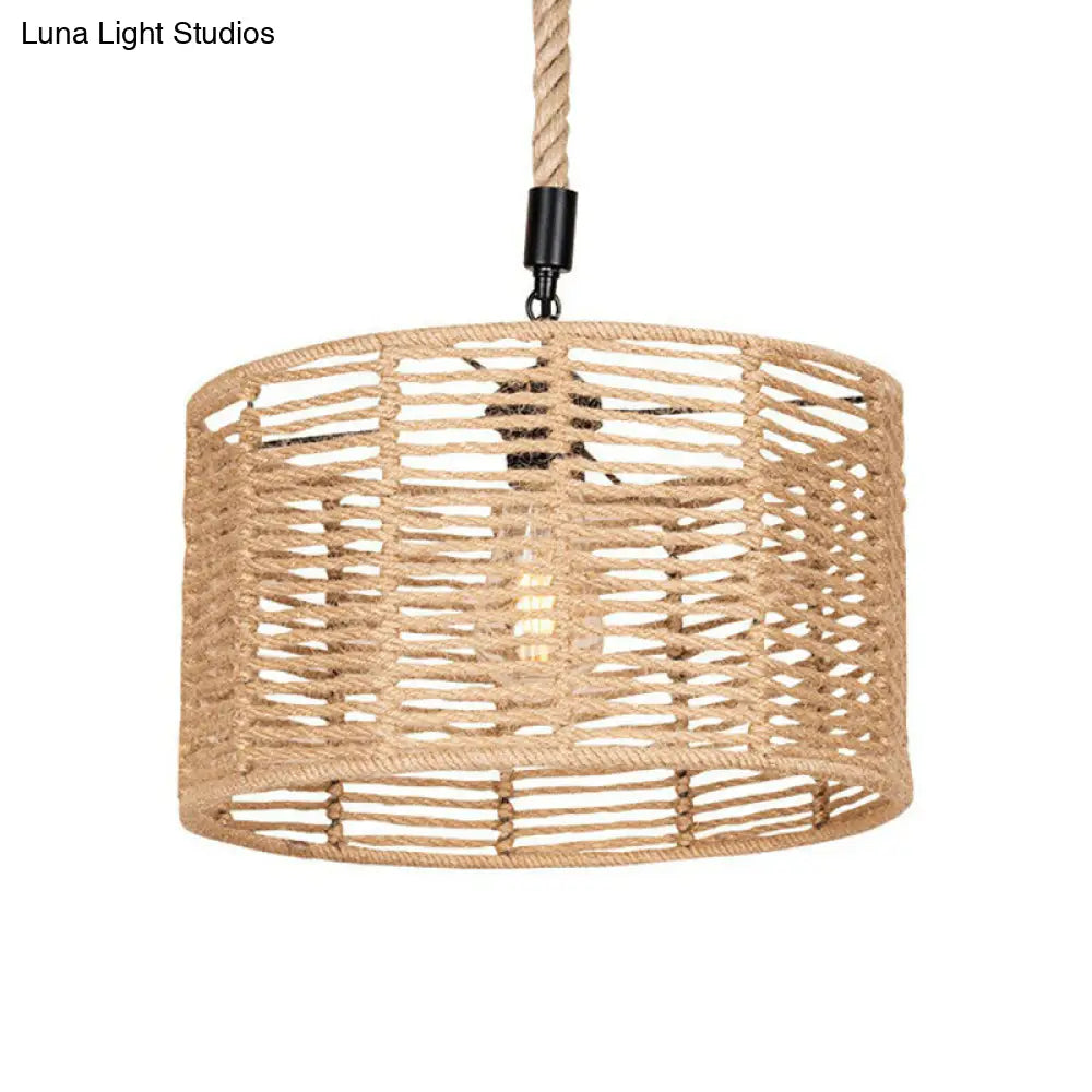 Rustic Natural Rope Pendant Lighting - 1 Bulb Brown Ceiling Lamp For Restaurants