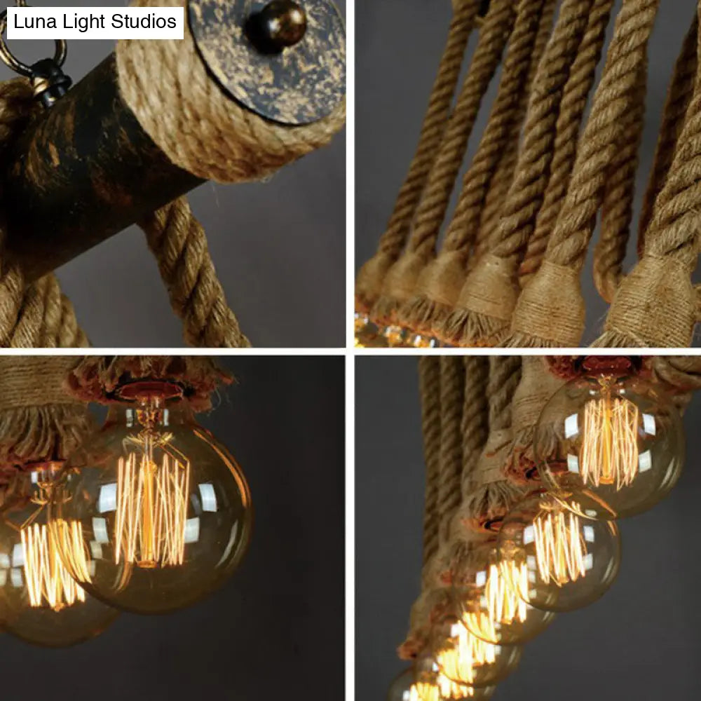 Rustic Natural Rope Island Light With Industrial Bare-Bulb Suspension Design