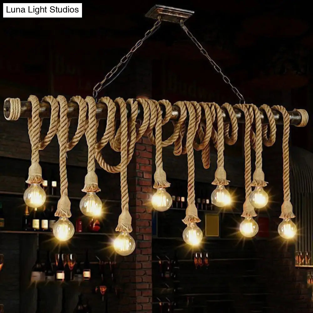 Rustic Natural Rope Island Light With Industrial Bare-Bulb Suspension Design