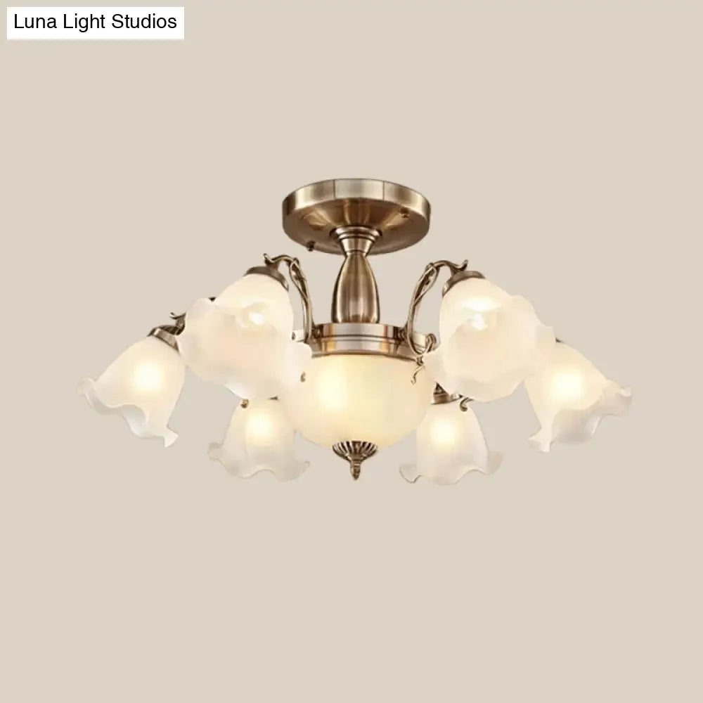 Rustic Opal Frosted Glass Ruffled Ceiling Mount Chandelier - Bronze/Copper With 8 Bulbs