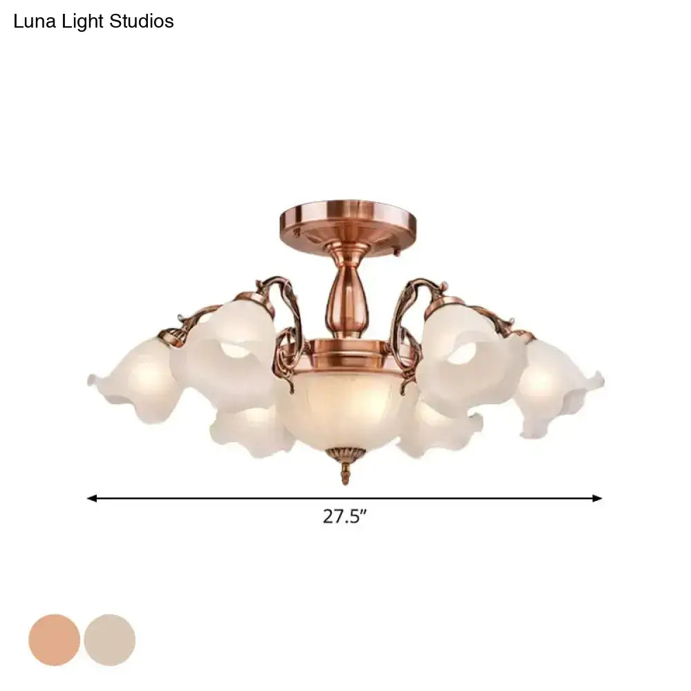 Rustic Opal Frosted Glass Ruffled Ceiling Mount Chandelier - Bronze/Copper With 8 Bulbs