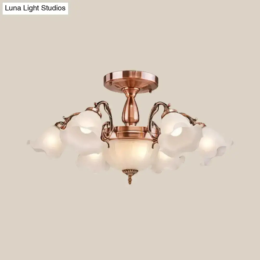 Rustic Opal Frosted Glass Ruffled Ceiling Mount Chandelier - Bronze/Copper With 8 Bulbs