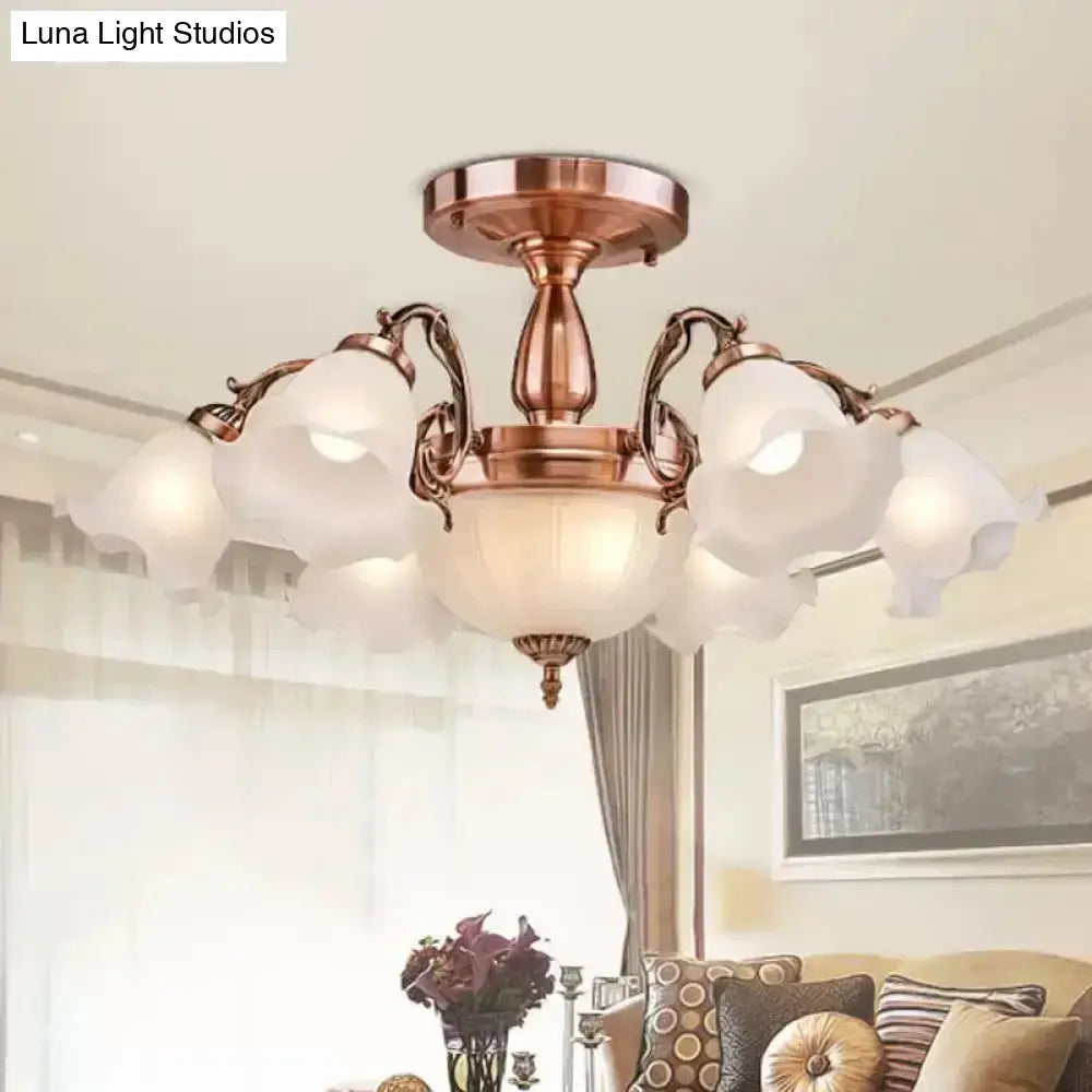 Rustic Opal Frosted Glass Ruffled Ceiling Mount Chandelier - Bronze/Copper With 8 Bulbs