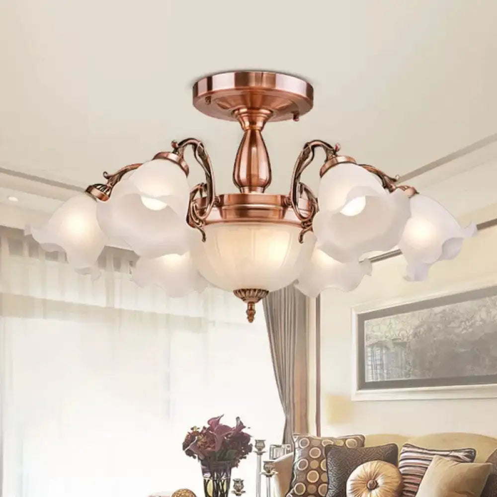 Rustic Opal Frosted Glass Ruffled Ceiling Mount Chandelier - Bronze/Copper With 8 Bulbs Copper