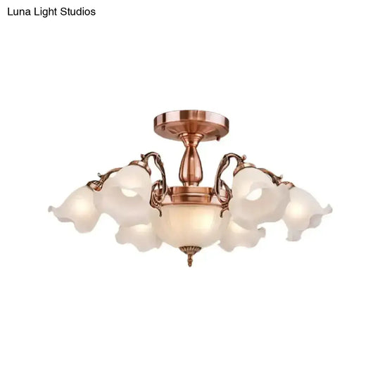 Rustic Opal Frosted Glass Ruffled Ceiling Mount Chandelier - Bronze/Copper With 8 Bulbs