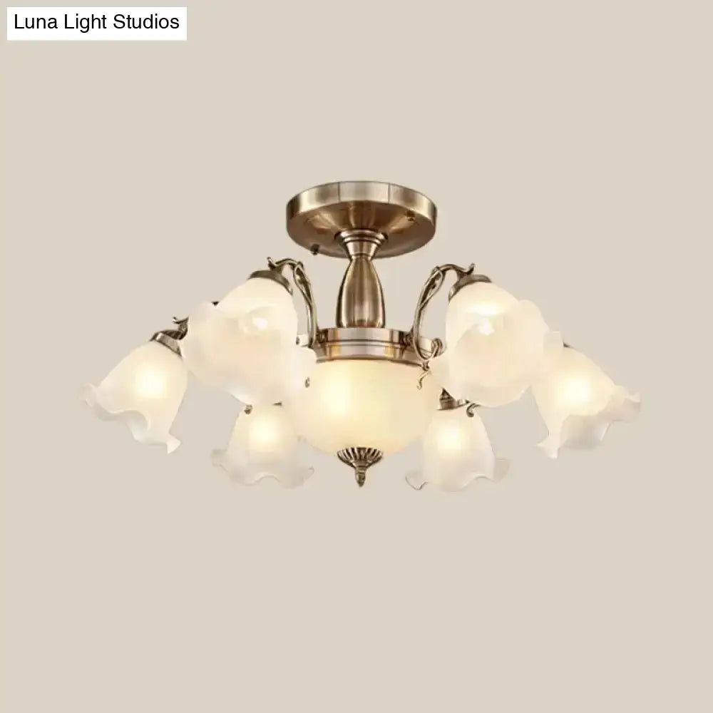 Rustic Opal Frosted Glass Ruffled Ceiling Mount Chandelier - Bronze/Copper With 8 Bulbs