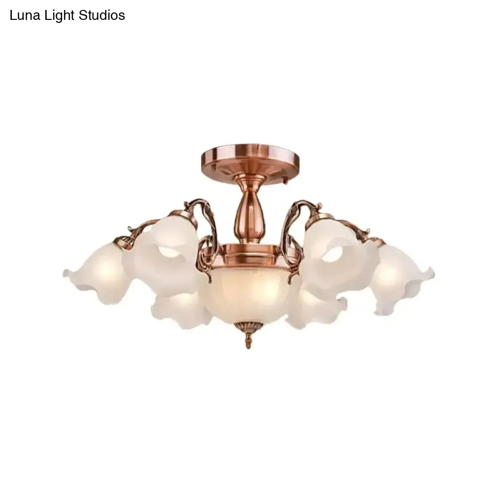 Rustic Opal Frosted Glass Ruffled Ceiling Mount Chandelier - Bronze/Copper With 8 Bulbs