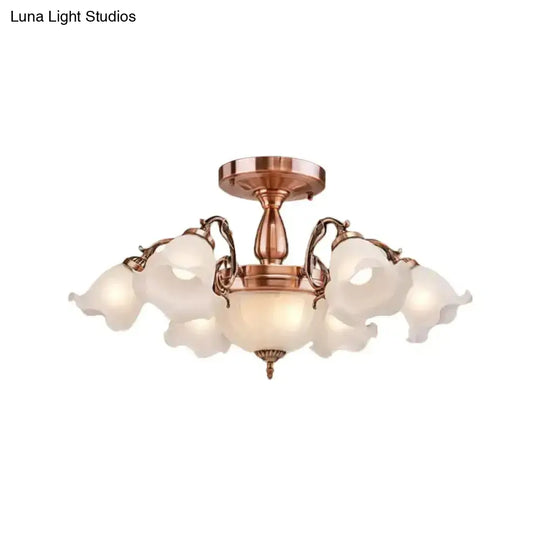 Rustic Opal Frosted Glass Ruffled Ceiling Mount Chandelier - Bronze/Copper With 8 Bulbs