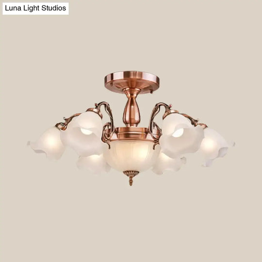 Rustic Opal Frosted Glass Ruffled Ceiling Mount Chandelier - Bronze/Copper With 8 Bulbs