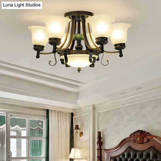 Rustic Opal Glass Flower Ceiling Light Fixture With Semi Flush Mount - 9/11/13 Lights For Living