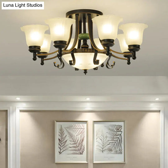 Rustic Opal Glass Flower Ceiling Light Fixture With Semi Flush Mount - 9/11/13 Lights For Living