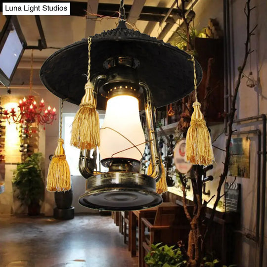 Rustic Opal Glass Kerosene Ceiling Lamp With Tassel And Cone Hat Top