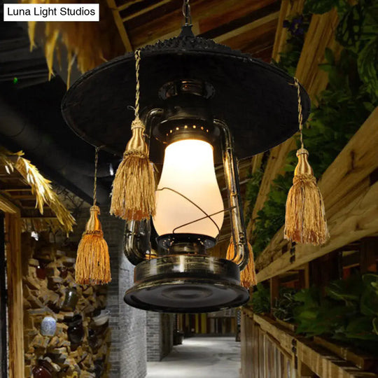 Rustic Opal Glass Kerosene Ceiling Lamp With Tassel And Cone Hat Top - Black 1 Bulb Aisle Hanging