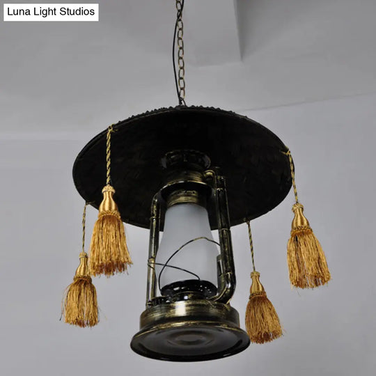 Rustic Opal Glass Kerosene Ceiling Lamp With Tassel And Cone Hat Top - Black 1 Bulb Aisle Hanging