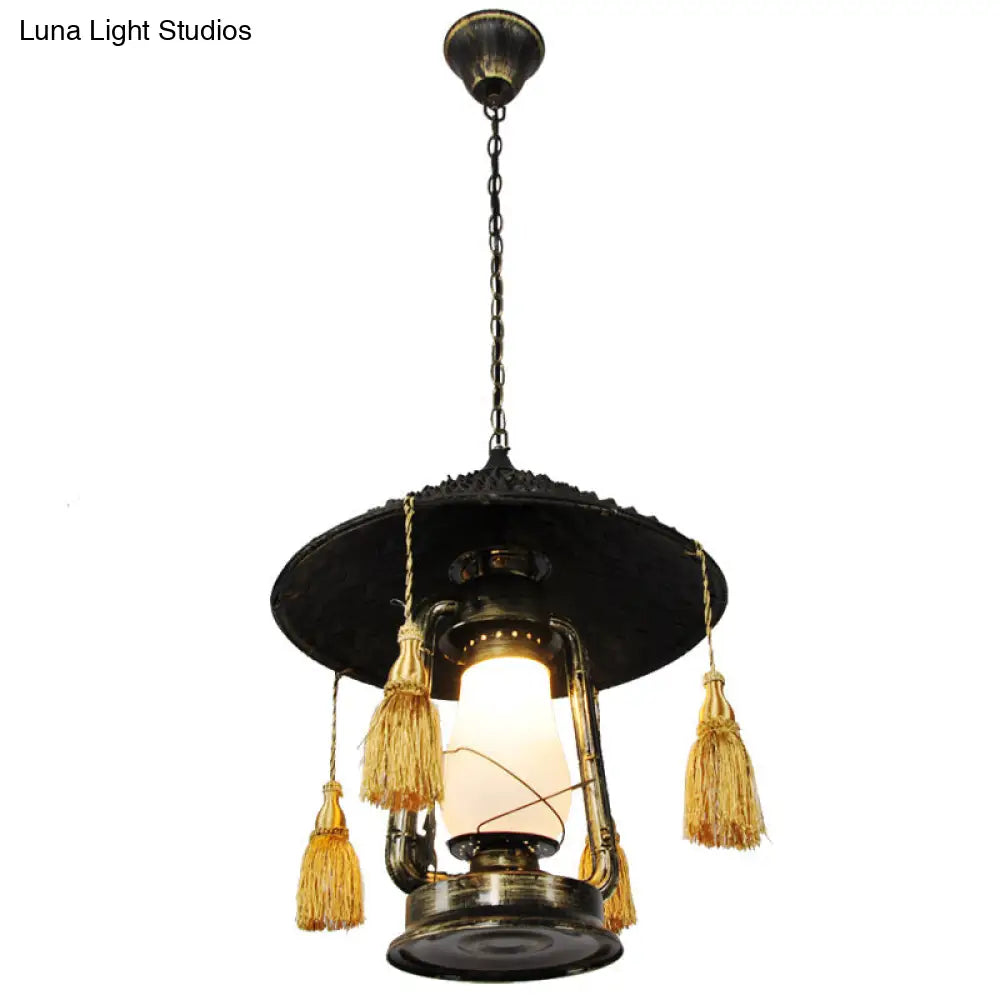 Rustic Opal Glass Kerosene Ceiling Lamp With Tassel And Cone Hat Top - Black 1 Bulb Aisle Hanging