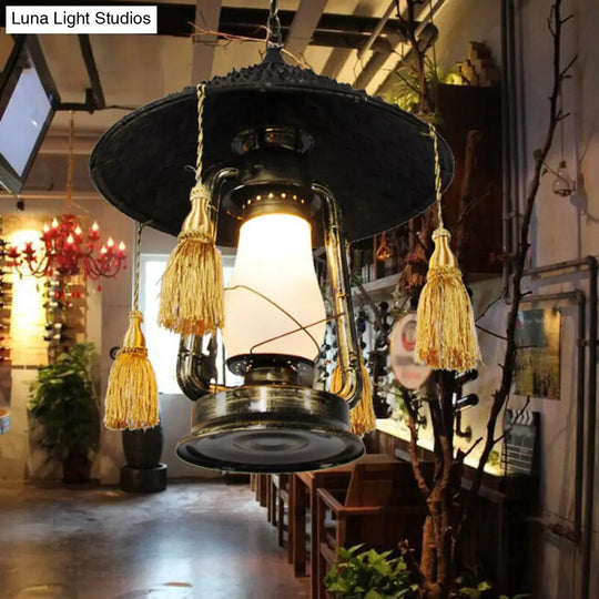 Rustic Opal Glass Kerosene Ceiling Lamp With Tassel And Cone Hat Top - Black 1 Bulb Aisle Hanging