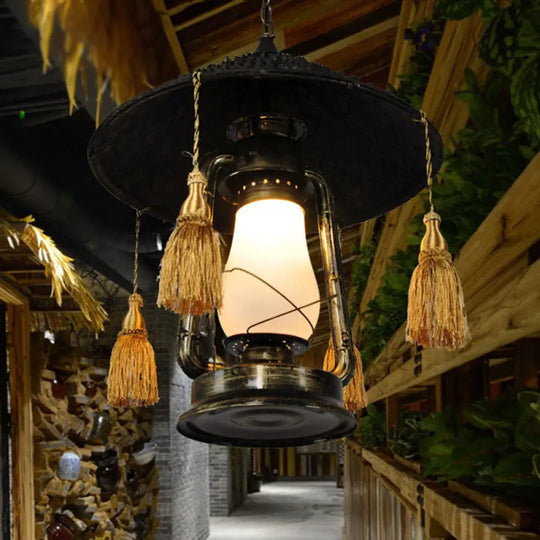 Rustic Opal Glass Kerosene Ceiling Lamp With Tassel And Cone Hat Top Black